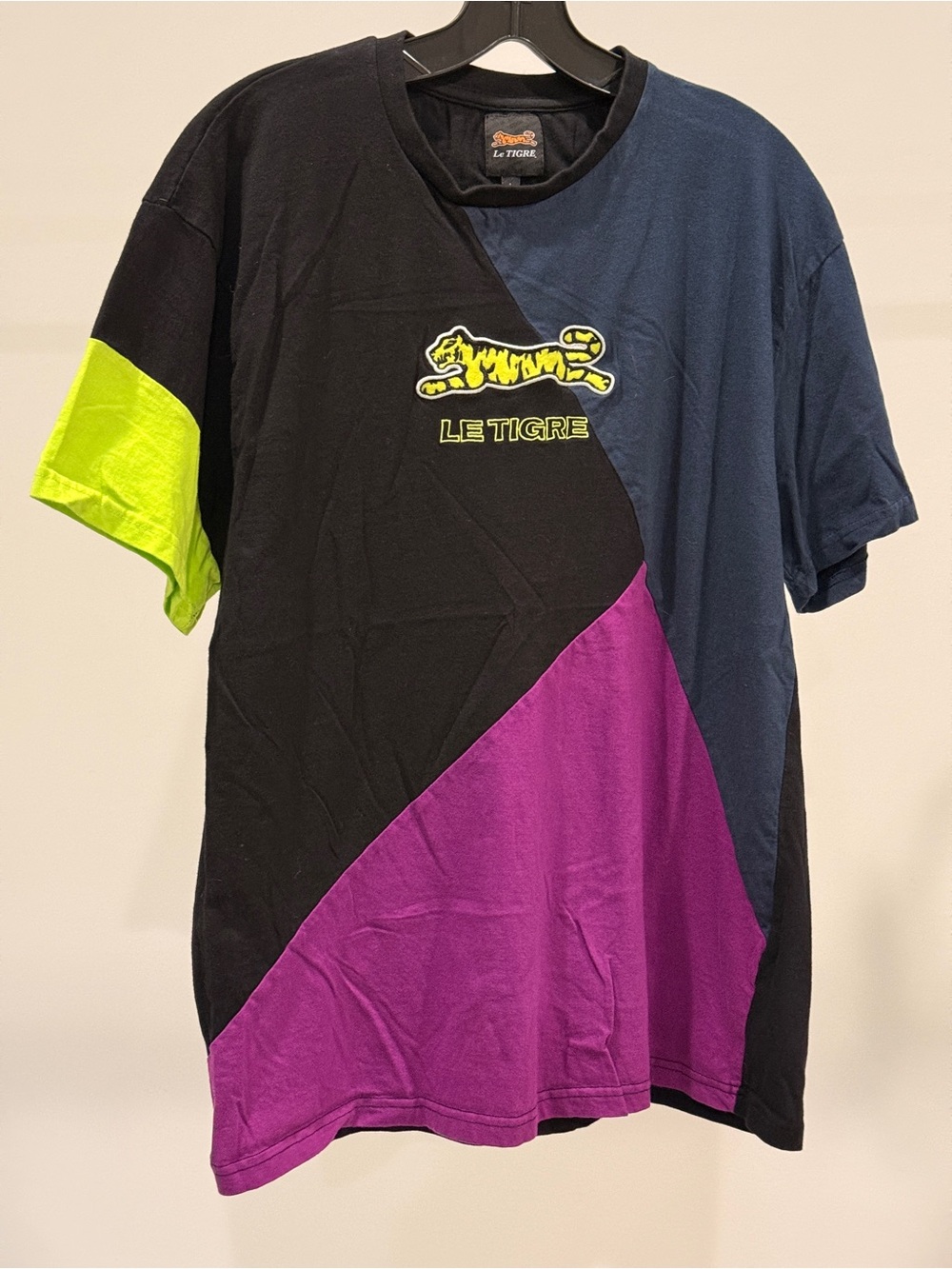 Le Tigre Black Navy Purple Neon Yellow Colorblock Tiger Logo Tee